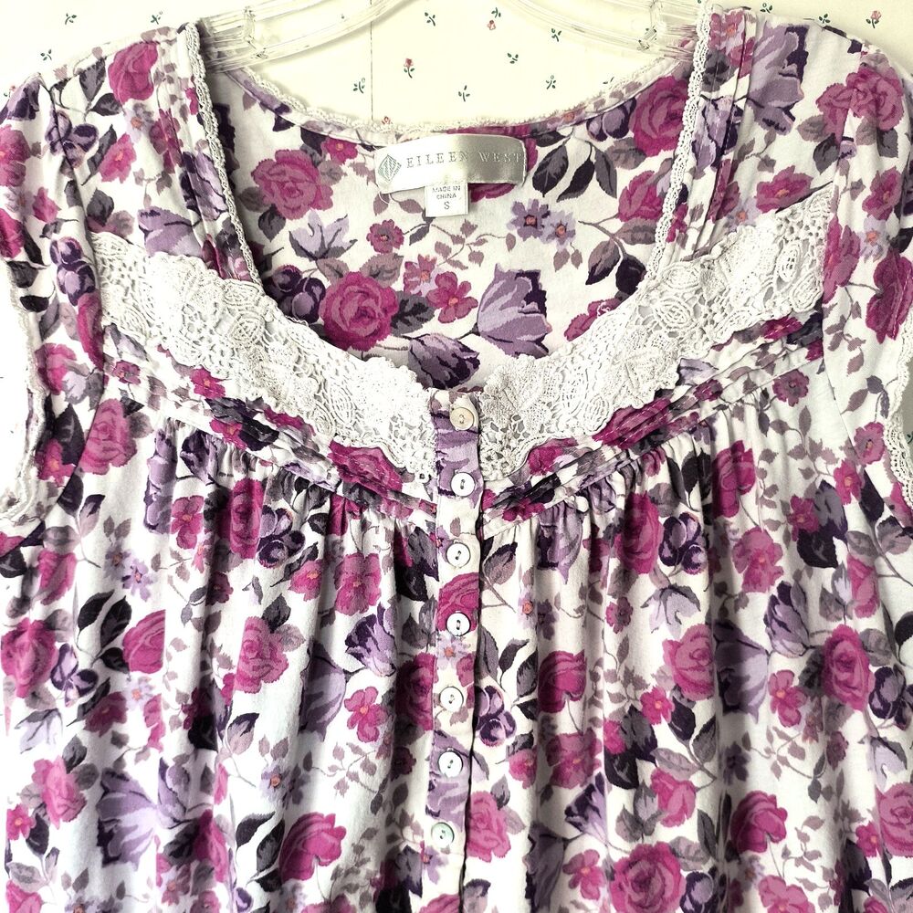 Eileen West Nightgown S Pink Purple White Floral Lace Cotton Dainty Cottagecore - Picture 4 of 15